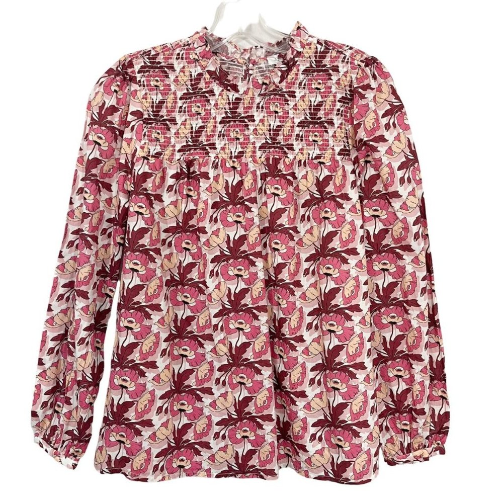 J. Crew Liberty Fabric Pink Floral Smocked Long Sleeve Top Button Back SMALL